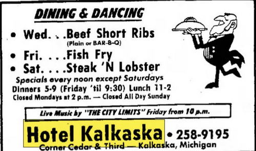 Hotel Kalkaska (Hotel Sieting) - Feb 1977 Ad